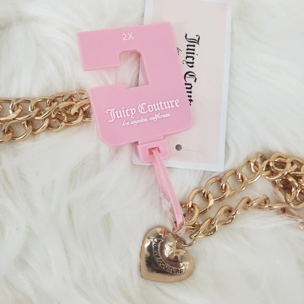 Juicy Couture Charm Chain Belt Women 2X Gold Pink Heart Crown Bee Y2K Rhinestone